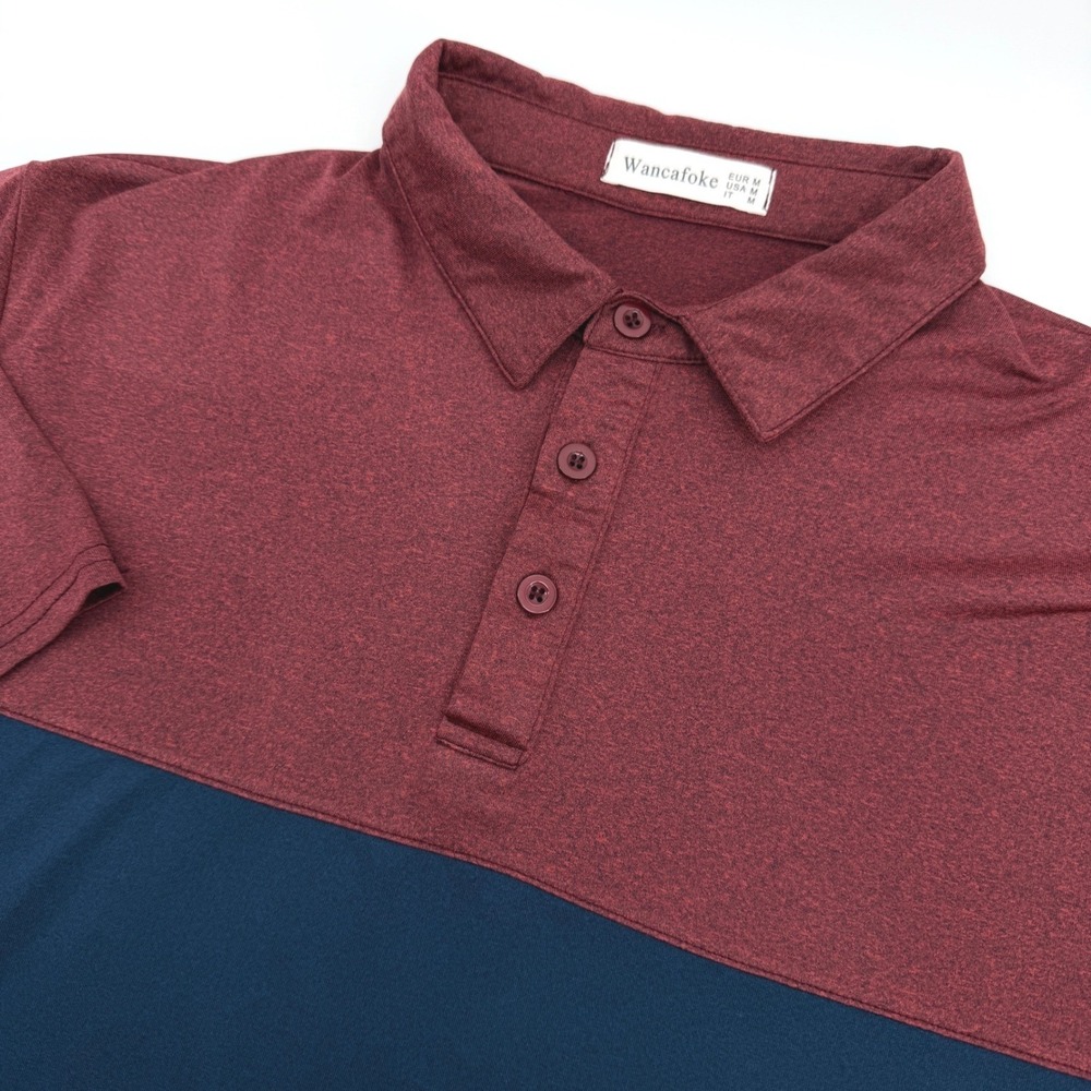 Wancafoke Polo Shirt Men M Burgundy Colorblock Short Sleeve‎ Stretch Casual Top